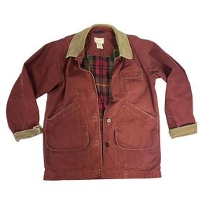 LL Bean Chore Coat Women’s Medium Heavy Canvas Work Jacket Maroon Corduroy Trim